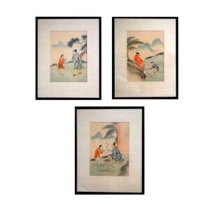 Antique Chinese Pair Silk Paintings - Set of 3 Framed Original Watercolors VGC